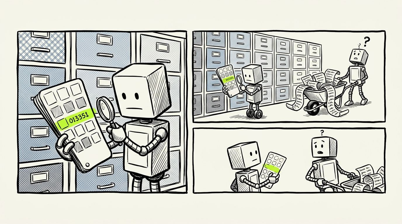 Census header: two robots auditing a wall of blue filing cabinets
